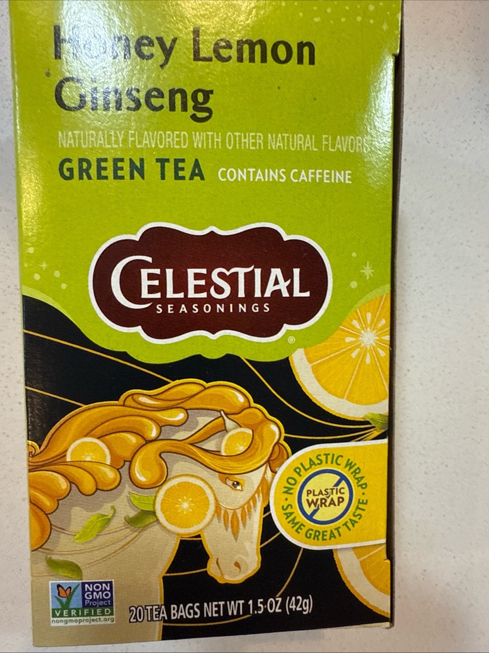 Celestial Seasonings Honey Lemon Ginseng Green Tea - Bright Yellow & Green Box
